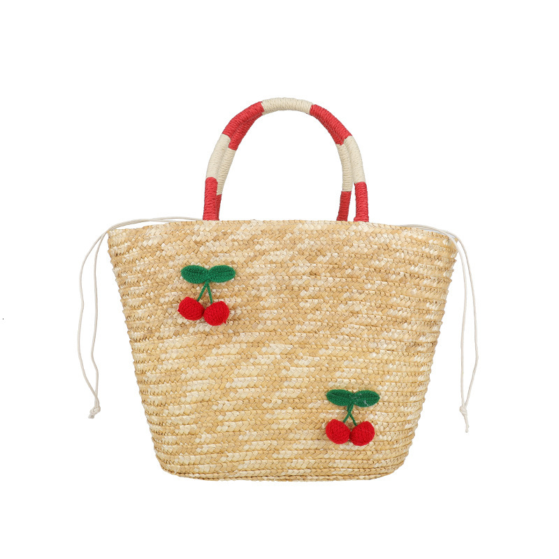 designer Cherry Straw Woven Handbag for Women Cute Beach Vacation Beach Bag Hollow Woven Crossbody Bucket Bag