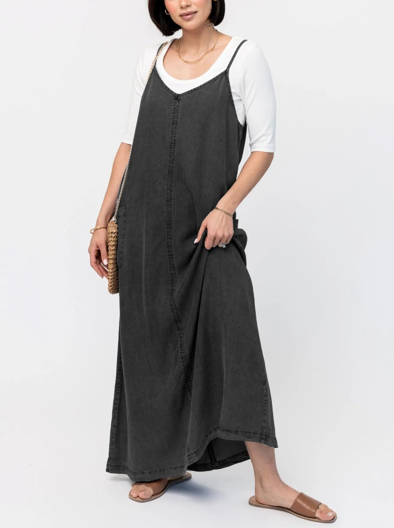 women's wear 2025 New Simple Thin Loose Long Solid Color Washed Strap Casual Denim Dress