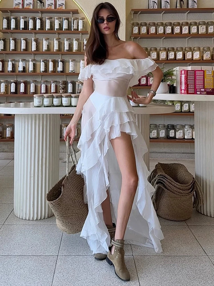 Off Shoulder Ruffles Irregular Dress Women Elegant Slim Solid Backless Lace Up Dresses Lady Summer Fashion Chic Beach Robes 250603