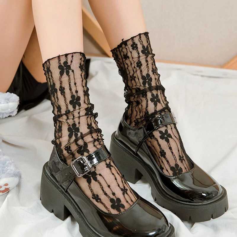 3 Pairs Women Floral Patterned Lace Round Neck Socks Fashionable Paired Summer Sweet Style Comfortable Breathable Casual SocksT250602