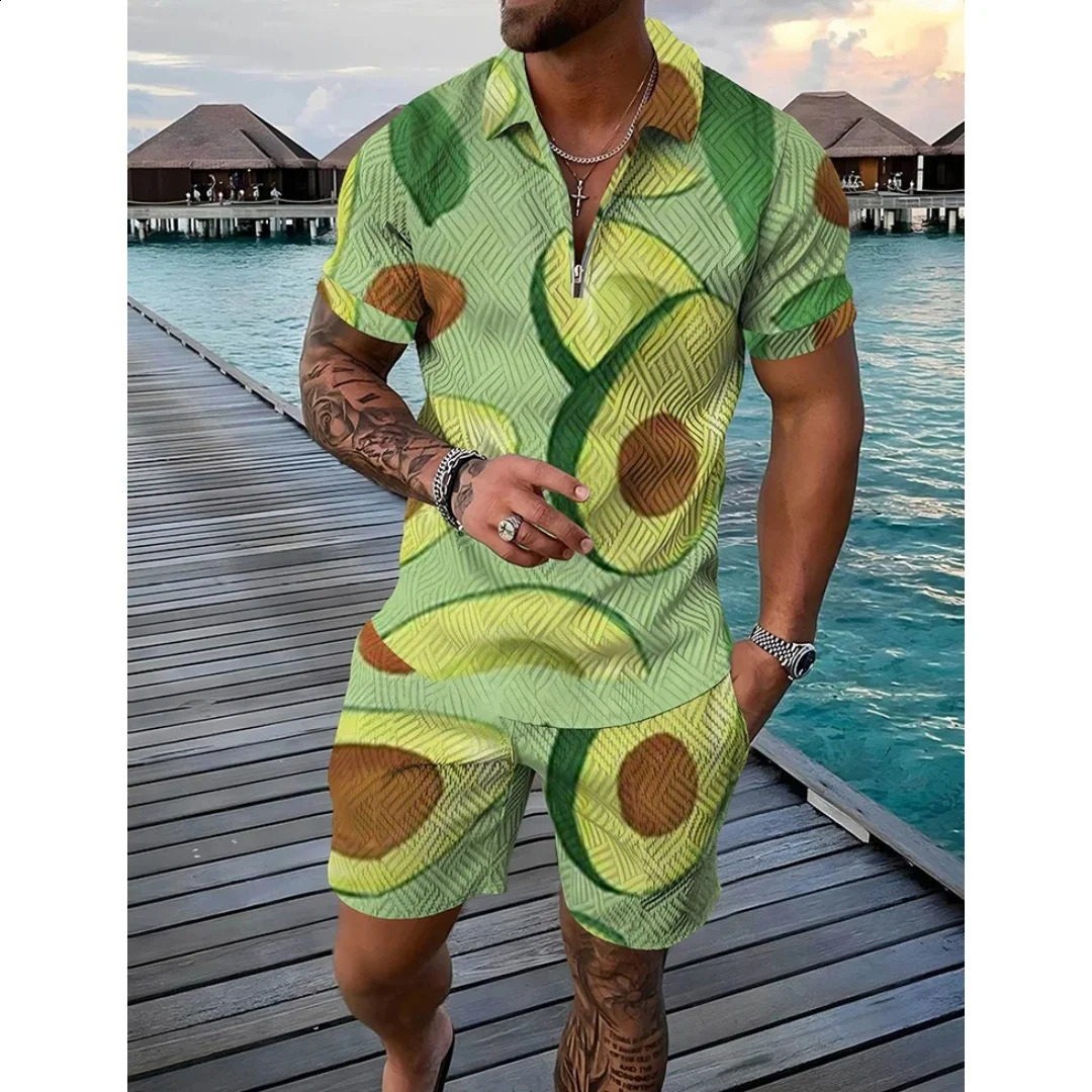 Summer 3D tropical fruits Print Men Polo Set Zipper Lapel Sets Collar And Shorts 2pcs Holiday style Man clothes 250530