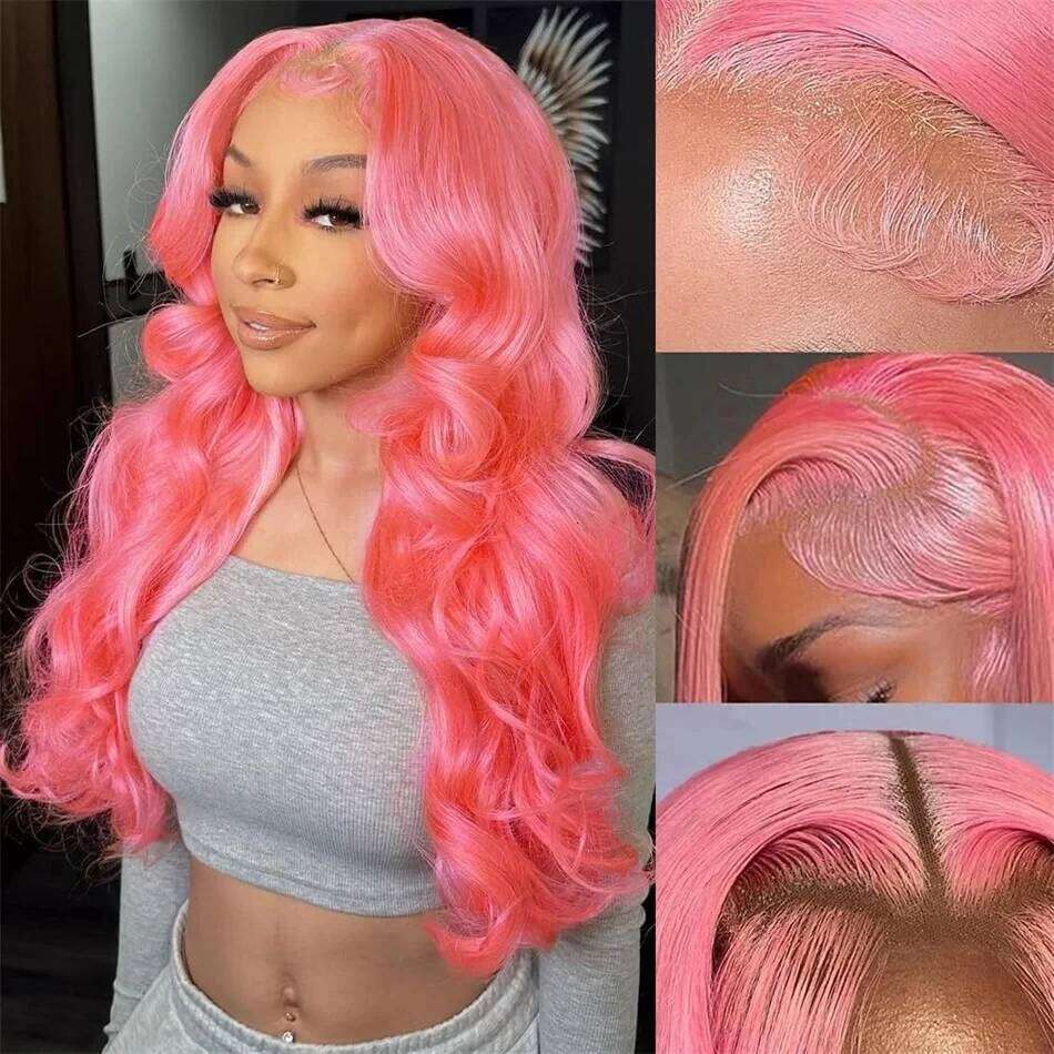 Body Wave 13x4 13x6 Hd Frontal Pre Plucked Transparent Colored Lace Front Pink Wig For Women Human Hair Wigs