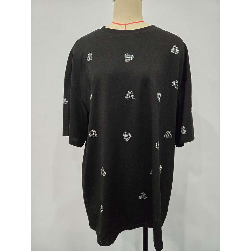 Simple Style Heart Rhinestone Round Neck Drop Shoulder Short Sleeve T-Shirt Spring Summer New Loose Top B5
