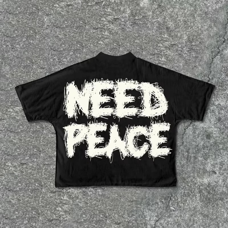 Need Peace Graphics 100% Cotton Cropped T-Shirts Men Y2K Summer Short Sleeves Vintage Oversize Tshirt Streetwear Women Tops 250529