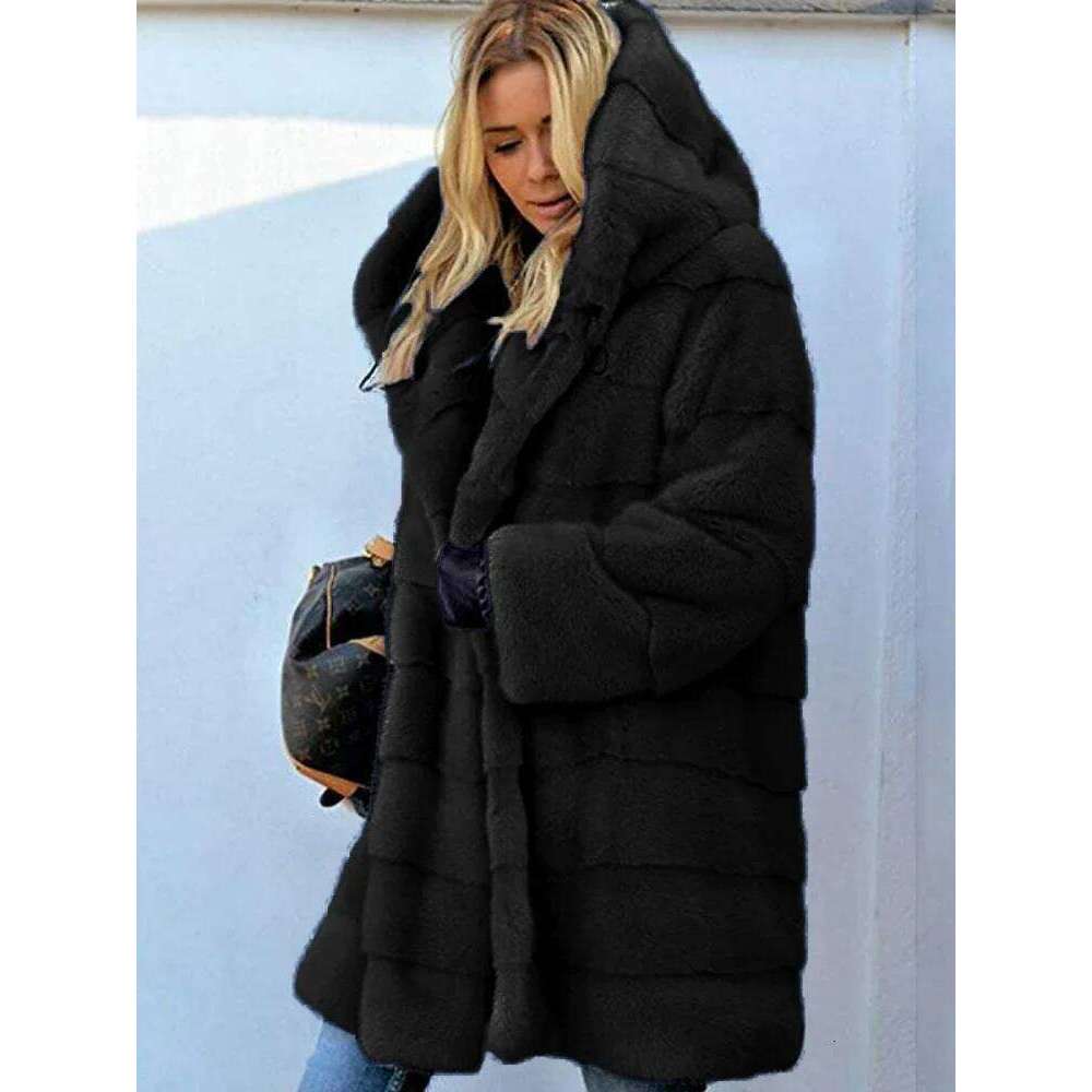 2025Medium Length Solid Color Loose Plush Hoodie Warm Coat Autumn and Faux Fur Winter Jacket Women's Large
