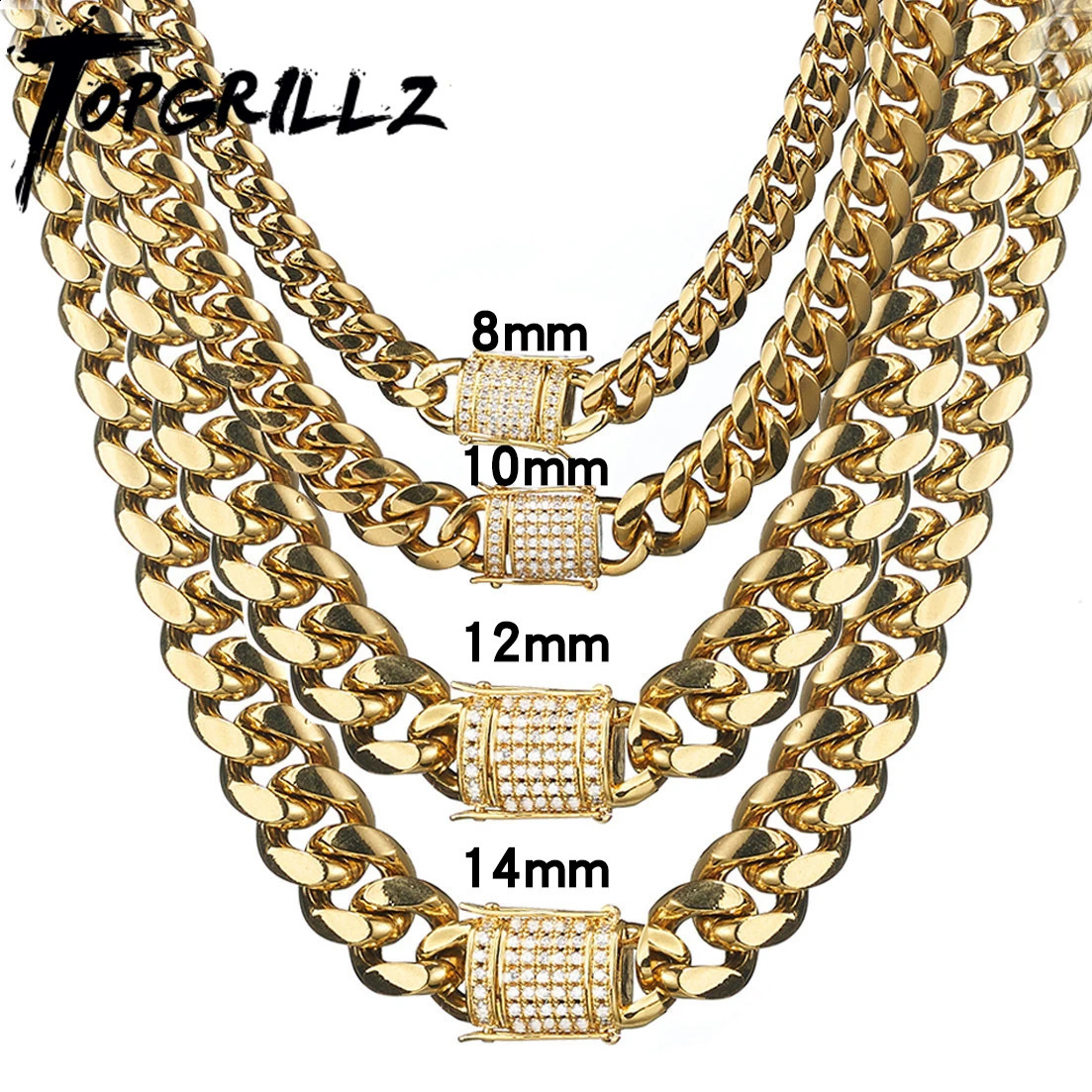 TOPGRILLZ Necklace Bracelet Set 8101214MM STAINLESS STEEL Gold Miami Cuban Curb Chain Hip Hop Fashion Jewelry Gift For Men 250529