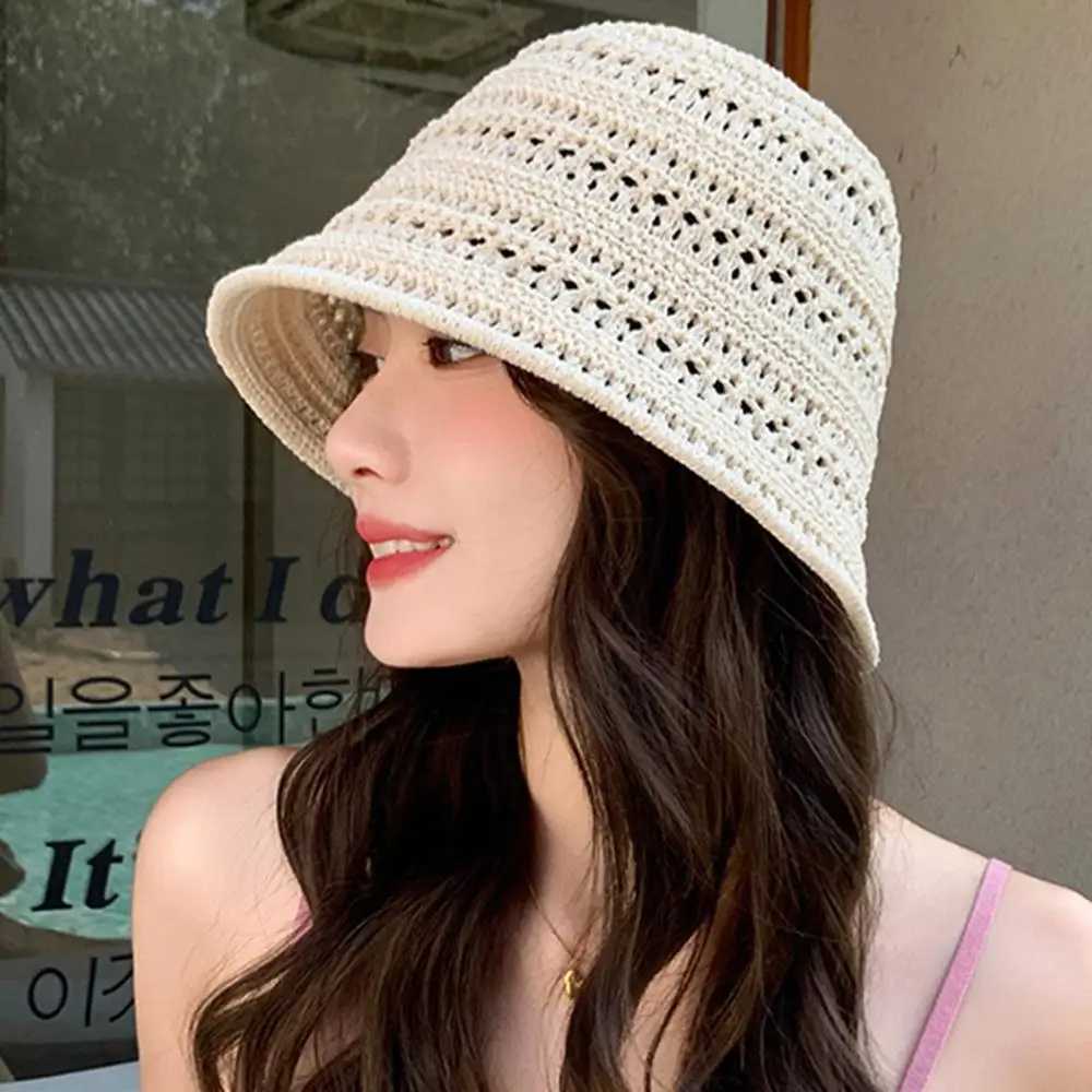 Women Bucket Hat Summer Hollow Out Knitted Sun Protection Cap Beach Panama Cap Fisherman Cap Breathable Sun Hat Straw Hat Travel W250602