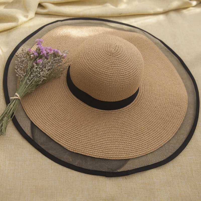HT2504 Sun Hat Summer anti-UV Lady Wide Brim Hat Women Solid Plain Floppy Summer Straw Hats for Women Female Mesh Brim Beach Hat W250602