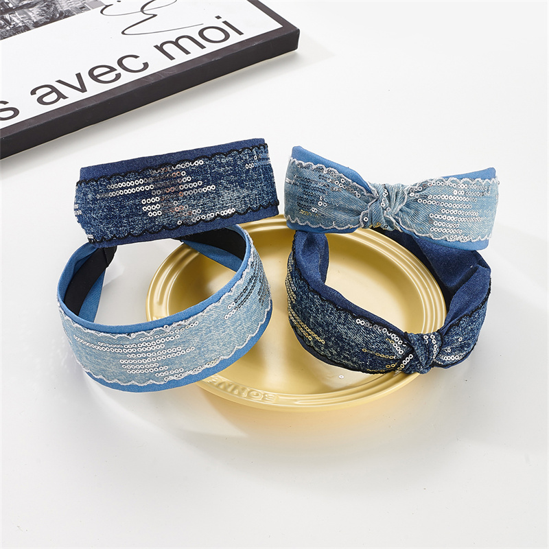 2025 new hairpin hair band denim fabric sequins hair bundle hair accessories wide side pressure hair wash face hair band