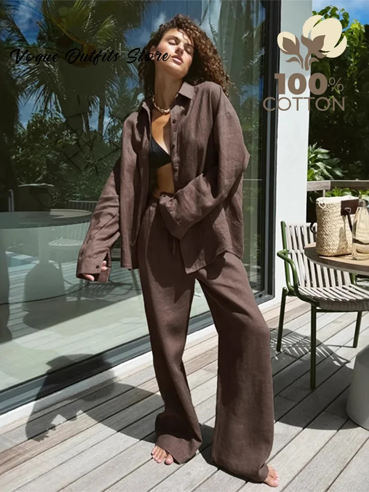 Casual Cotton Solid Women Pants Sets Lapel Single Breasted Loose Top Lace Up High Waist Wide Leg Pants 2025 Spring Lady Sets 250530