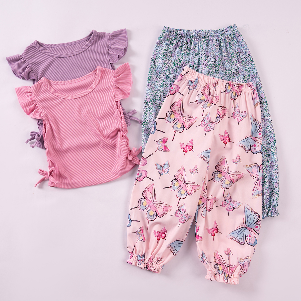Baby Girl Summer Set with New Fashionable Solid Color Top and Printed Pants 2-piece Set, designed for girls, suitable for daily wear and outdoor activ