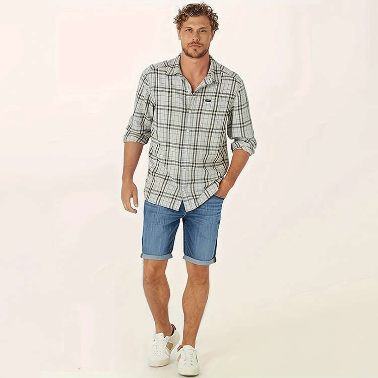 Fashion New Men's Casual Straight-Leg Cuffed Denim Shorts Five-Point Pants B5