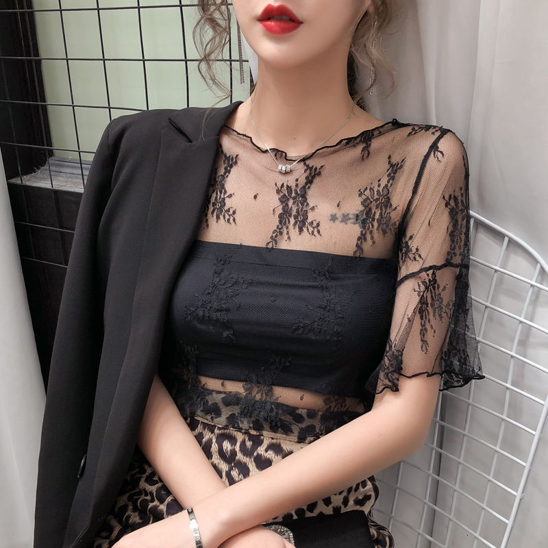 2025 new spring summer women's T-shirt new transparent sexy lace bottom shirt women's short sleeved T-shirt women's chiffon fabric fair