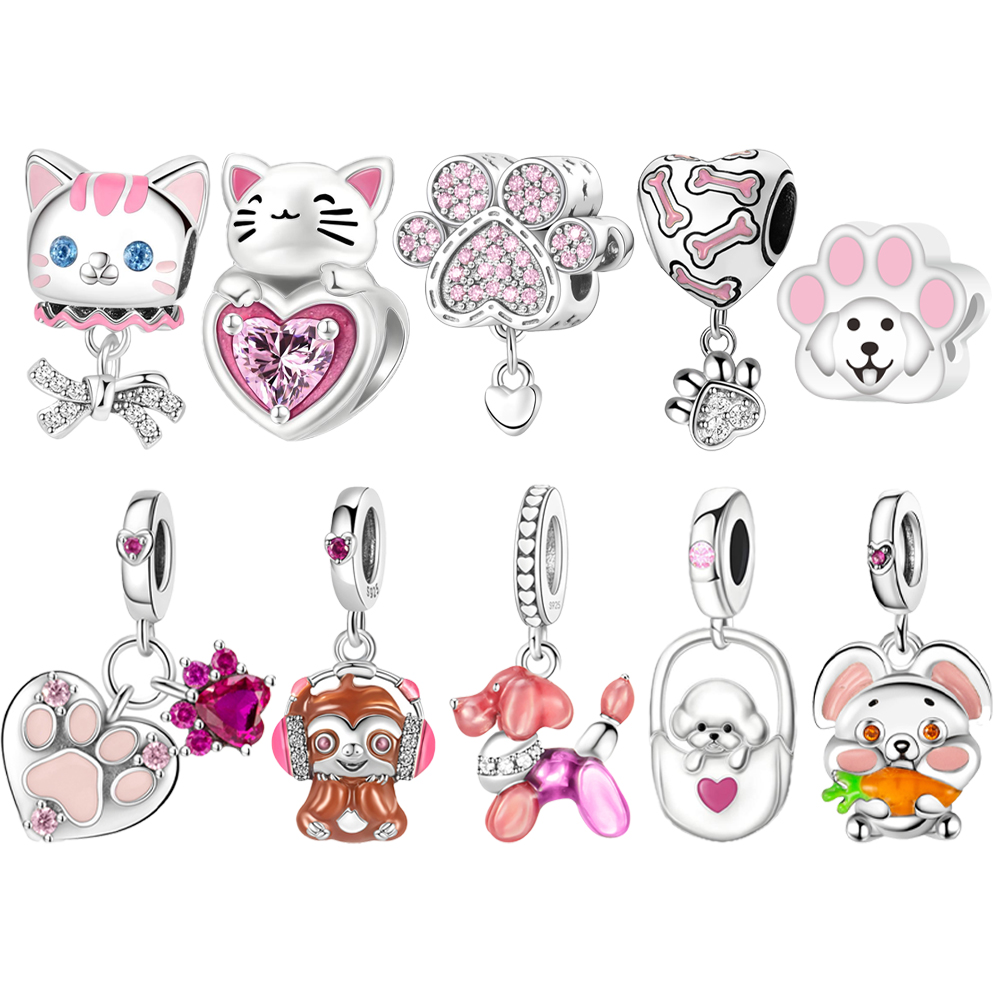 FewDook 2025 Hot Sale Pink Cute Pet Series Lovely Cat Dog Mouse Dangle Charm Fit Original Pan Bracelet Bead Fashion Accessories Jewelry Designer for W
