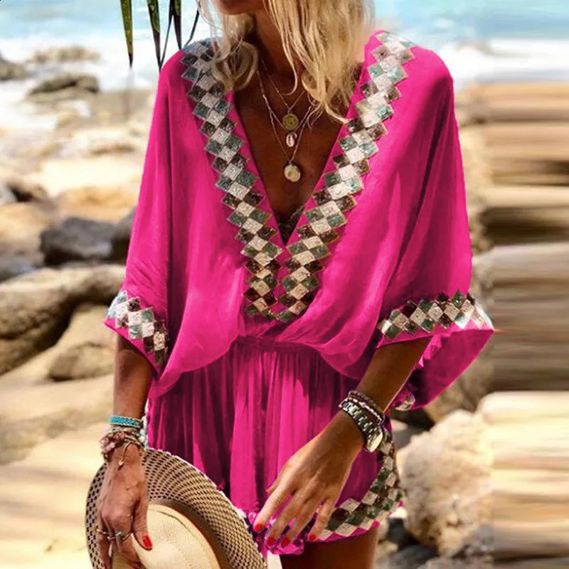 Sexy V Neck Bohemian Print Jumpsuit Office Lady Summer Casual Short Wide Leg Jumpsuits For Women Colorful One Piece Rompers 250528