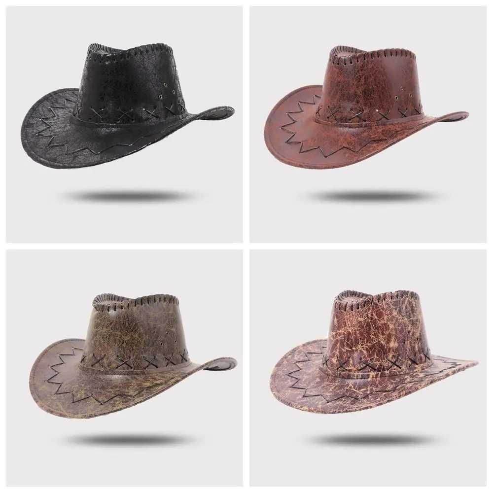PU Leather Western Cowboy Hat Knight Hat Beach Cap Summer Sun Hat Outdoor Visor Cap Sun Protection Cap Sunscreen Cap Holiday W250602