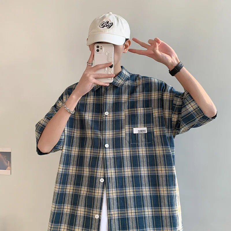 Y2k Streetwear Plaid Men Shirts Summer Fashion Chemise Homme Fashion Mens Checkered Shirts Short Sleeve Men Blouse 250603