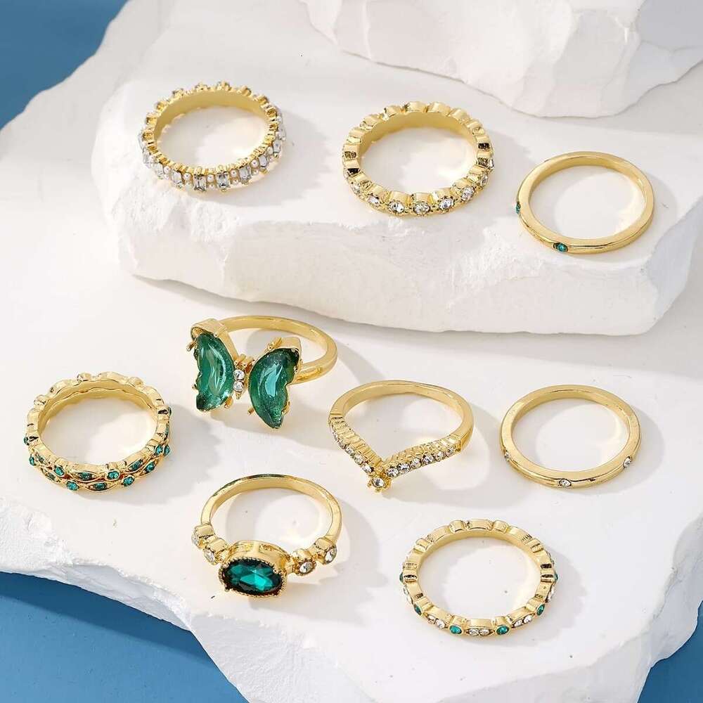 Creative Personality Emerald Butterfly Open Metal Style Stackable Knuckle Ring Set of 9