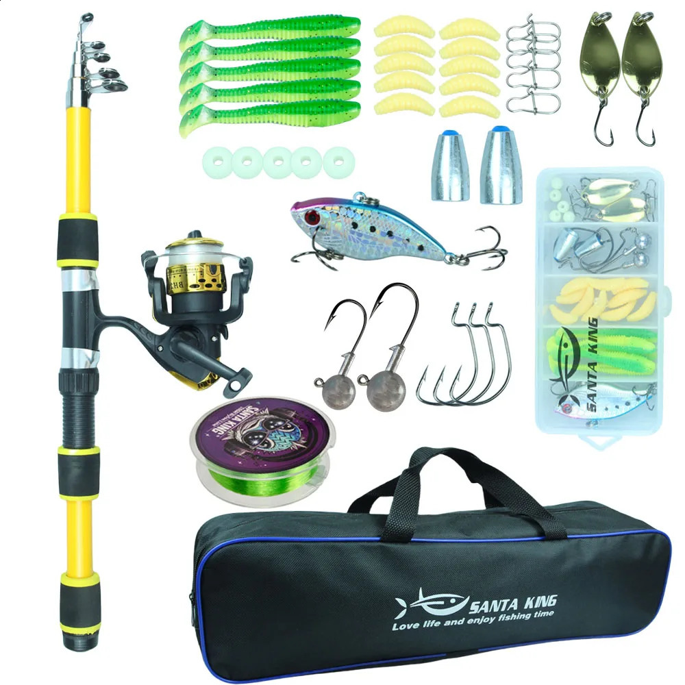 Santa King Fishing Rod Reel Combo Full Kits With Telescopic And Spinning Baits Hooks Travel Pole Set 250530