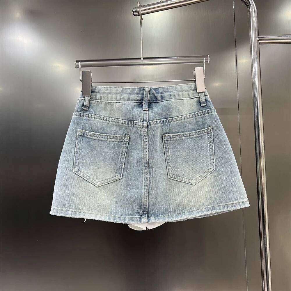 Chic Fake Two Piece Ripped Denim Skirt Street Fashion Pockets Single Breast A Line Mini Skirts Summer All Match Female Clothing