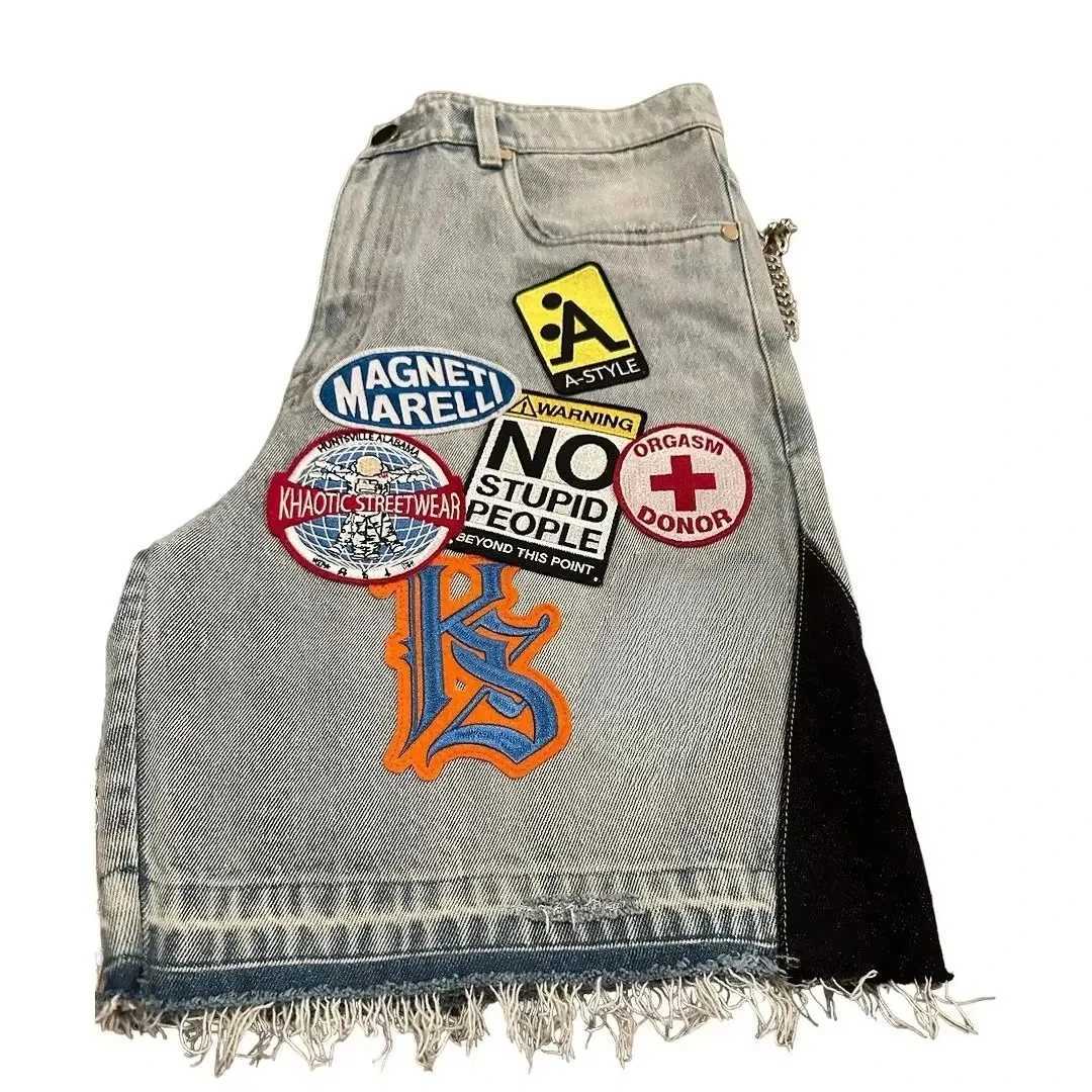 Mens and Womens Y2K Rock Hip Hop Patchwork Denim Shorts Cartoon Pattern Retro Blue Baggy Denim Fitness Casual Shorts Basketball Shorts T250603