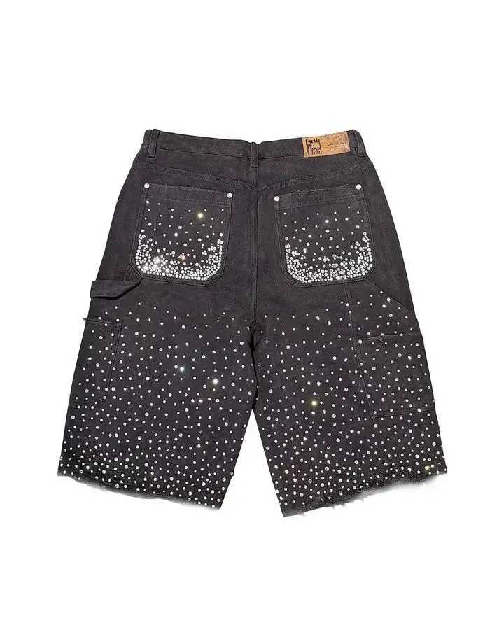 Streetwear Couple Vintage Rhinestone Sequined Denim Shorts Y2K Cowboy Hip Hop Denim Loose Sport Shorts Denim Casual Shorts T250603