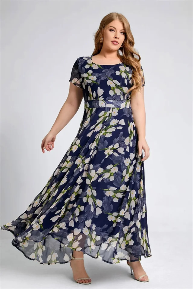 Plus Size Women Floral Printing Dress Short Sleeve Round Neck Chiffon Aline Female Elegant Casual Soft Fashion Summer Dresses 250526
