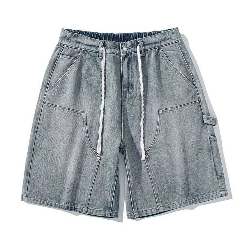 Fashion Streetwear Mens Denim Shorts Summer Loose Vintage Harajuku Splicing Hip-hop Cargo Moto Short Jeans Black Blue T250603