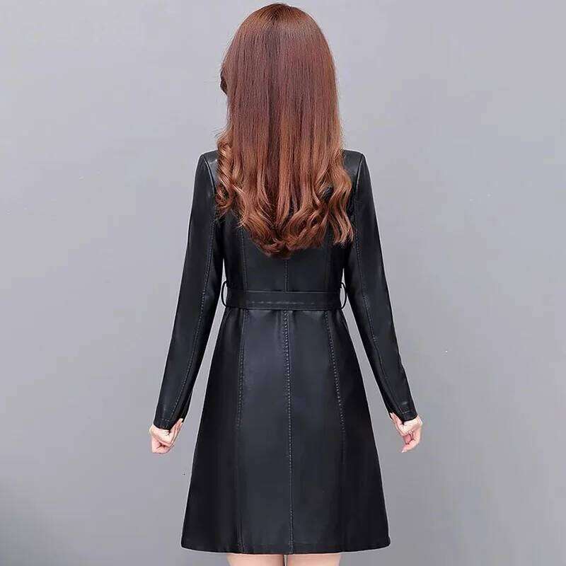 2024 Autumn Winter Chic Leather Jacket Women's Overcoat High-End Fashion Mid-Length Slim Korean Sheepskin Windbreakers Coat Tops