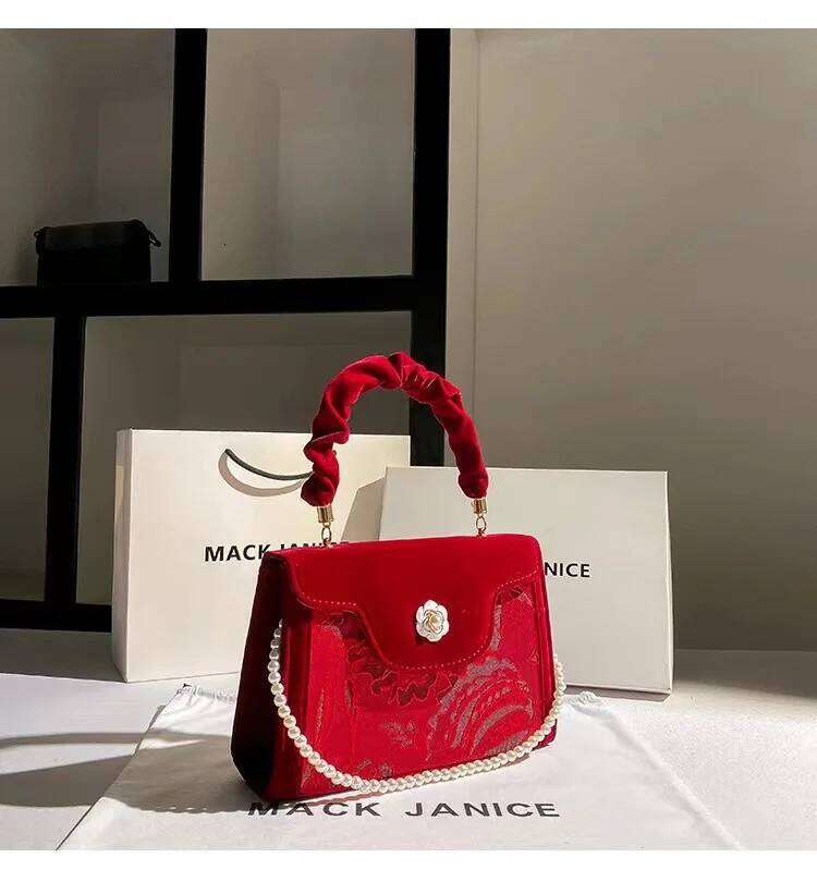 Autumn Veet Square Women Handbag Sexy Red Pearl Beading Evening Wedding Party Clutch Purse Shoulder Crossbody Bag
