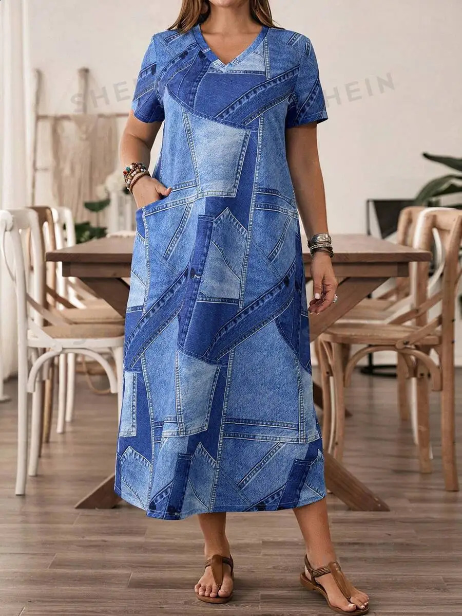 Plus Size Europe and America CrossBorder Summer Pocket VNeck Short Sleeve Dress 250526
