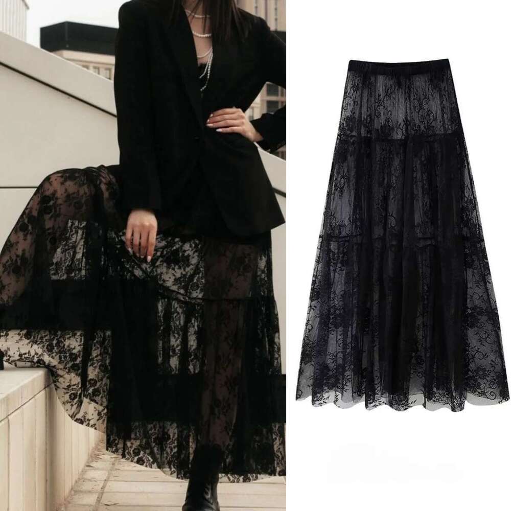 Black Lace Mesh High Waist Midi Tulle Long Translucent Party Women's Sexy Skirt 2024