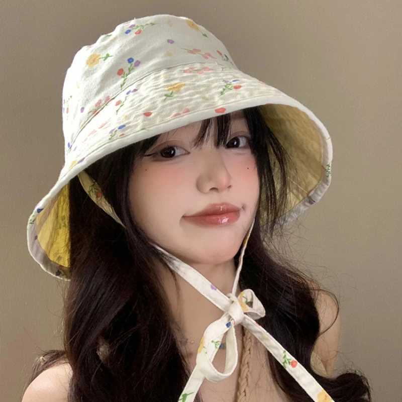 Ins Sweet Double-sided Strap Bucket Hats Show Face Small Summer Japanese Retro Literary Floral Versatile Sunscreen Womens Caps W250602
