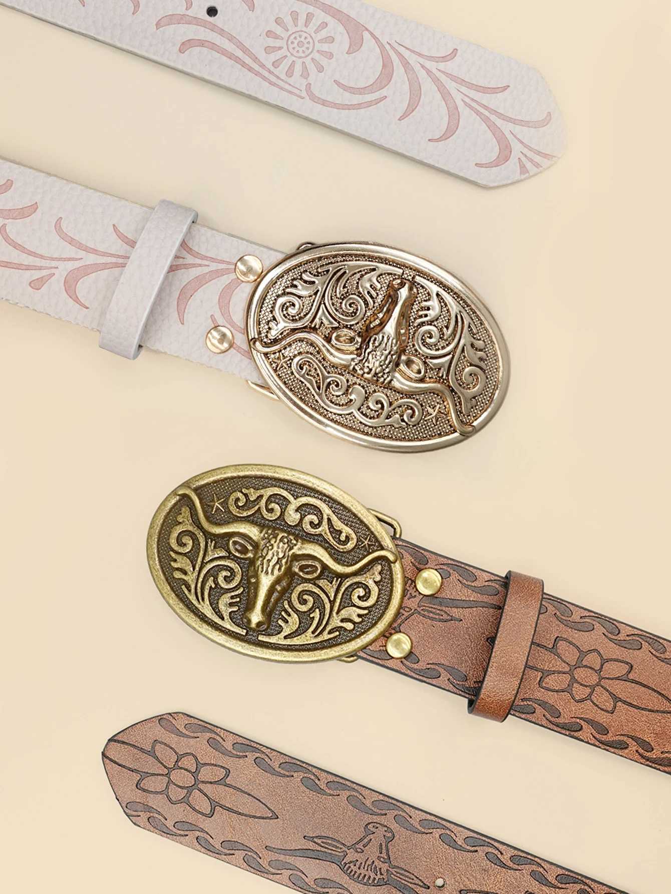 Western Cowboy Style Vintage Casual Belt - Ox Head Carved Buckle Bohemian Print Perfect for Daily Commute Dating Outfits XJ250602