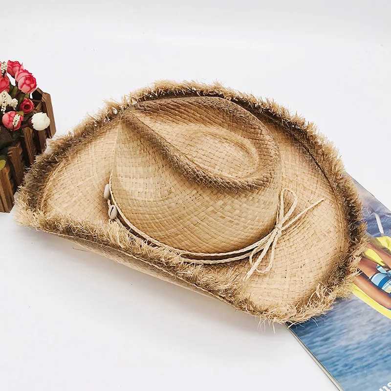 Fringed Wide Brim Straw Hat with Shell Band Panama Hat Cowboy Cowgirl Hat for Men Women Sun Hat Western Style Outdoor Beach Hat W250602