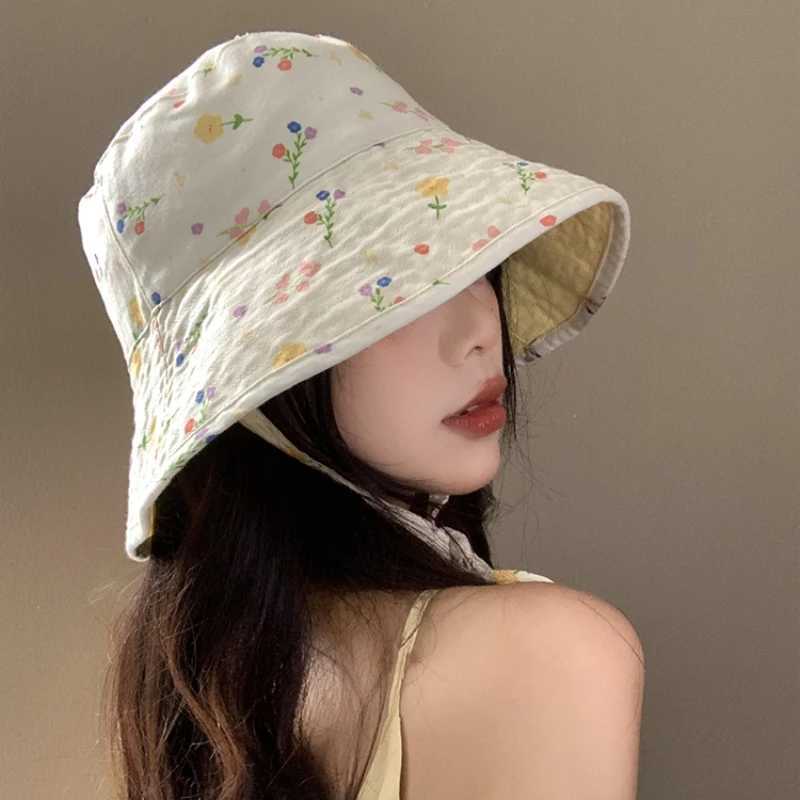 Ins Sweet Double-sided Strap Bucket Hats Show Face Small Summer Japanese Retro Literary Floral Versatile Sunscreen Womens Caps W250602