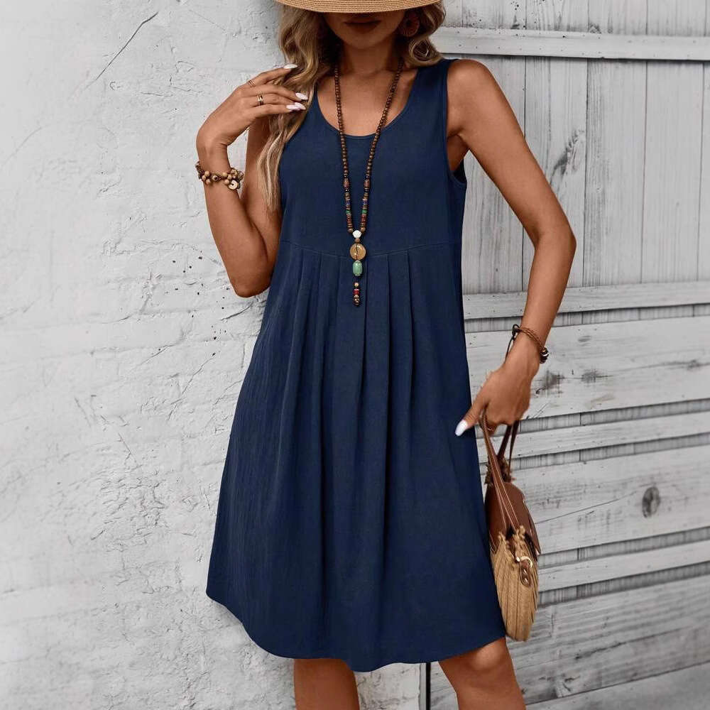 Spring Summer New Temu Sleeveless Round Neck Casual Solid Color Cotton Linen Women's Dress B5