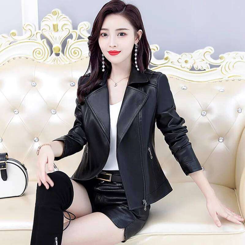 Women's Genuine Jackets, Short Overcoat, Motorcycle Leather Jacket, Slim ing Coat, Female Outwear, Autumn, Winter
