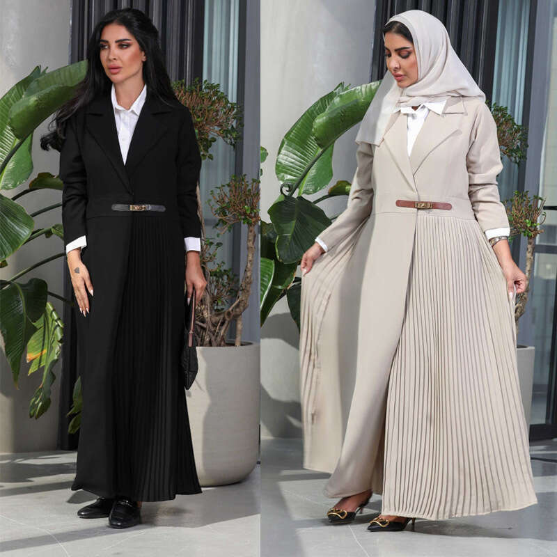 Mq115 Abaya Cardigan Robe Pleated Coat Muslim Arabic Fashion Leather Buttons B5