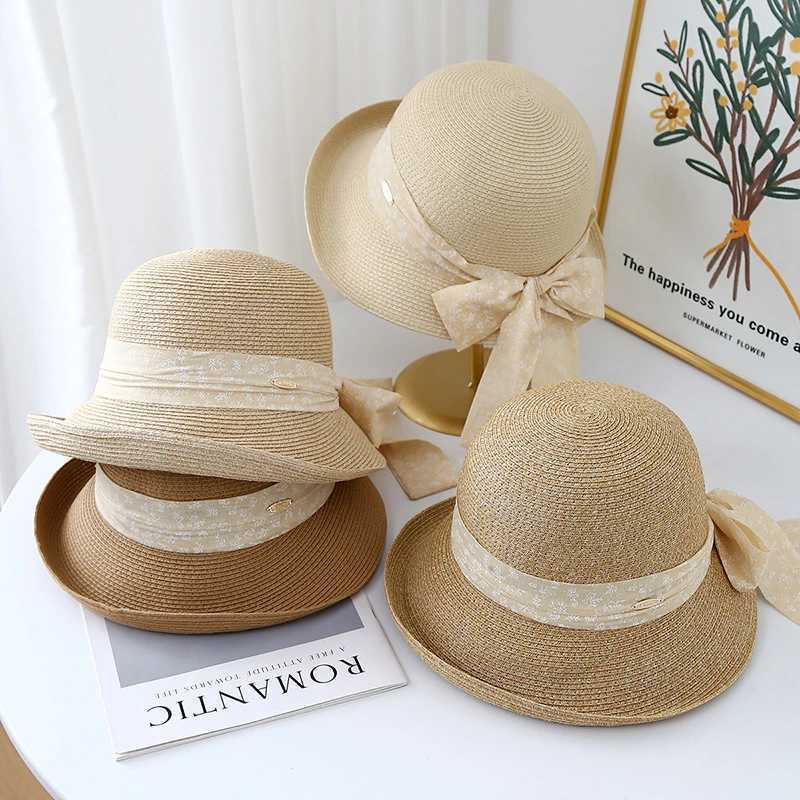 Womens Knitted Straw Fisherman Hat with Bow Ribbon Wide Brim Sun Hat Breathable UV Protection for Beach Wedding Travel Foldable W250602