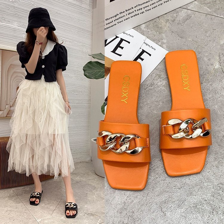 designer 2021 Summer New Trendy Flat One-Strap Sandals for Women Outdoor Fashion Metal Buckle Retro Ins Style