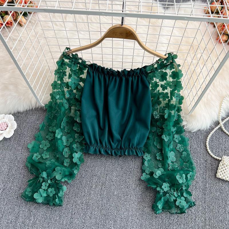2025 Spring and Summer New Women's T-shirt Off Shoulder 3D Flower Transparent Mesh Splicing Chiffon Women's Shirt Loose Waist Fashion Design