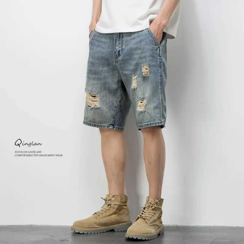 Mens Summer Thin Denim Shorts Trendy Loose Straight Five Part Pants Mens Trendy Brand RipT250603
