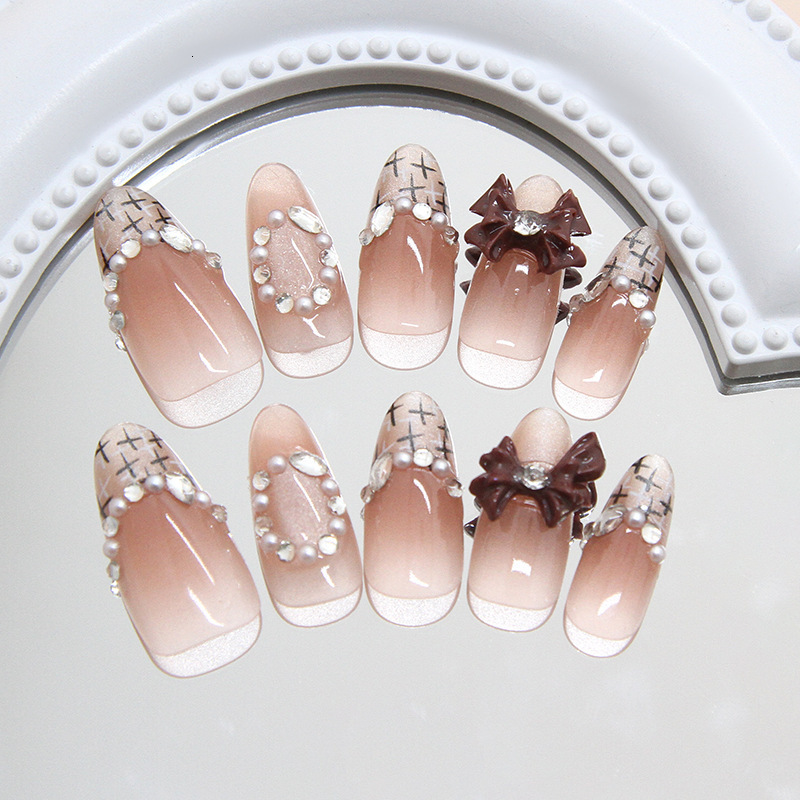 Cat Eye Bowknot Blush Versatile Fashion Short Wearable Nail Dia Style 30 Pieces