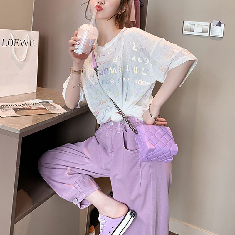 2025 Summer New Women's T-shirt New Women's Shiny Letter Printed T-shirt Summer Thin Short sleeved Top Hollow Designer Round Neck Loose Medi