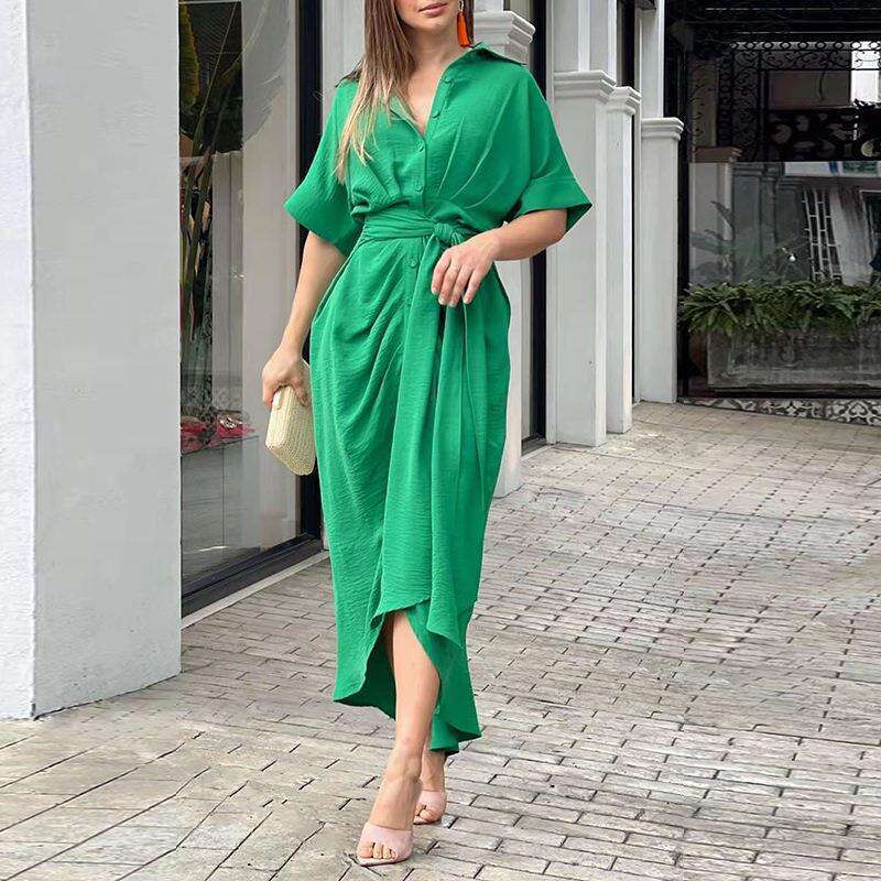 Summer Lace Up Waist Cinching Short Sleeved Single Breasted Solid Color Shirt European and American Dress Women's 2025 New Casual Fashion Trend C