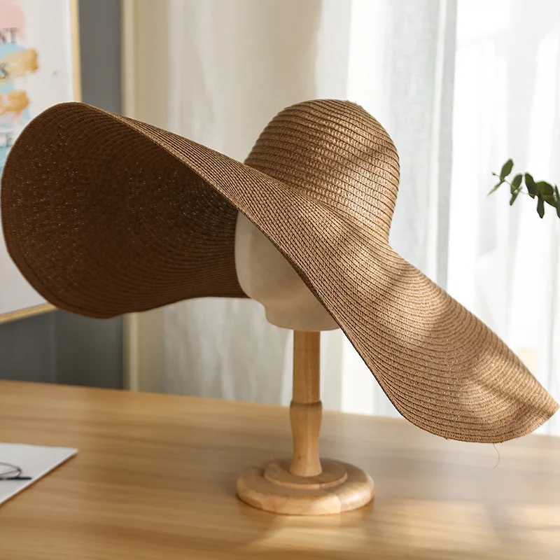 Womens Oversized 25cm Wide Brim Straw Hat Beach Cap Foldable Sunshade Protection Hat Ladies Sun Hats for Summer W250602