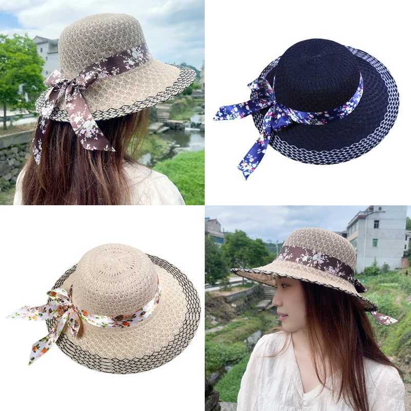Woman Elegant Floral Bowknot Ribbon Sun Hats Vintage Straw Hats Summer Travel Sun Protection Wide Brims Hats Apparel Accessories W250602