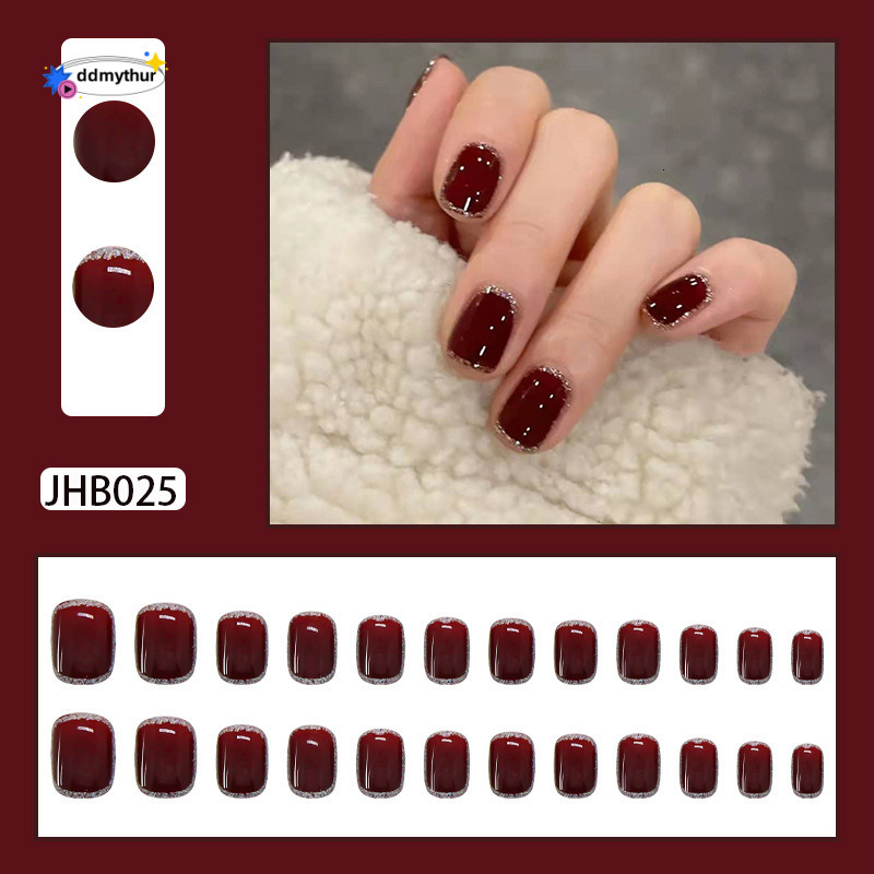 Wine Red Glitter Wearable Finished Detachable Stickers Internet Celebrity Pure Desire Nail Pieces Simple Short Style Nails ddmythur