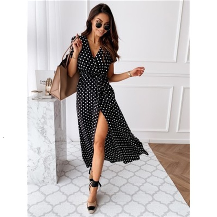 women's wear Summer Short Sleeve V-neck Bohemian Polka Dot Print Long Dress